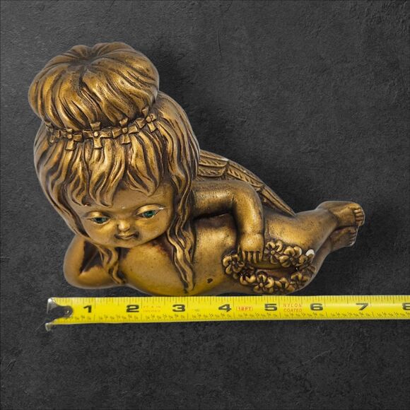Vintage Gold Cherub Figurine w/ Green Rhinestone Eyes 8" x 6" Cottagecore Decor - Picture 9 of 10